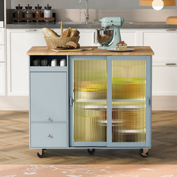 Kitchen Island With Drop Leaf, Led Light Kitchen Cart On Wheels With 2 Fluted Glass Doors And 1 Flip Cabinet Door, Large Kitchen Island Cart With An Adjustable Shelf And 2 Drawers (Gray Blue)