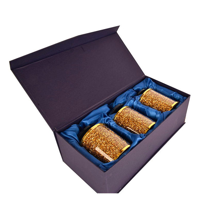 Ambrose Exquisite Tea, Sugar, Coffee Canisters With Tray In Crushed Diamond Glass In Gift Box - Gold
