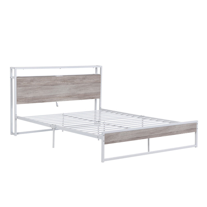 Queen Size Metal Platform Bed Frame With Sockets, Usb Ports And Slat Support, No Box Spring Needed White
