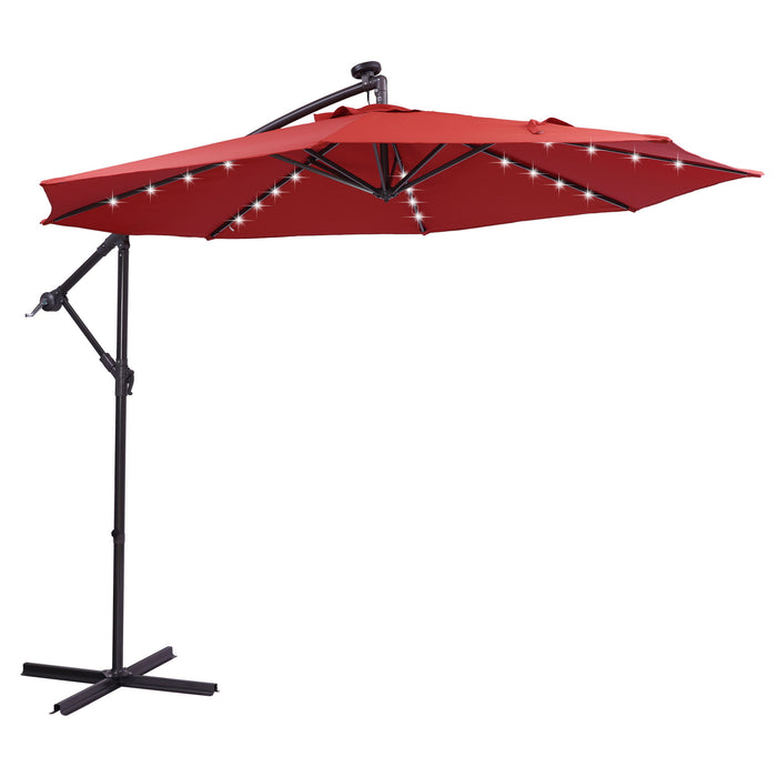 10 Ft Solar LED Patio Outdoor Umbrella Hanging Cantilever Umbrella Offset Umbrella Easy Open Adustment With 32 LED Lights - Red