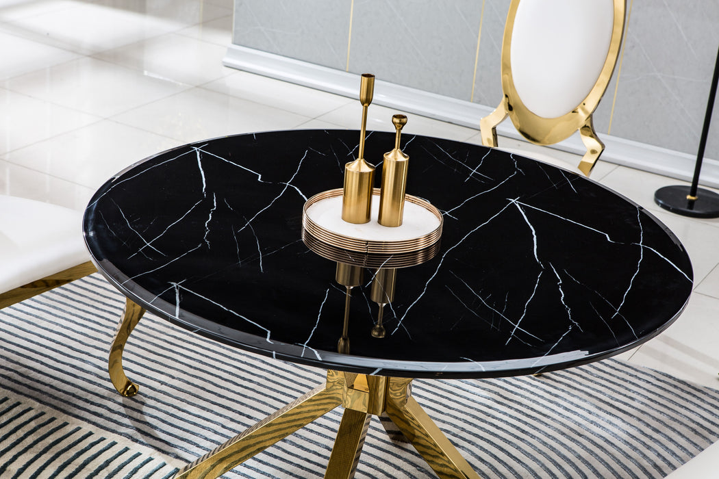 Modern Round Marble Table For Dining Room / Kitchen, 1.02" Thick Marble Top, Gold Finish Steel Base