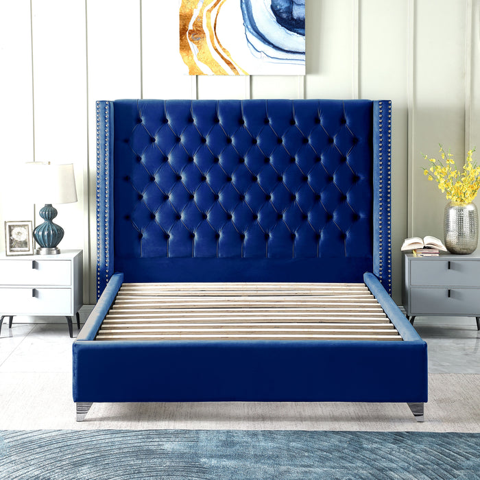 Contemporary Velvet Upholstered Bed With Deep Button Tufting, Solid Wood Frame, High - Density Foam, Silver Metal Leg, King Size - Blue