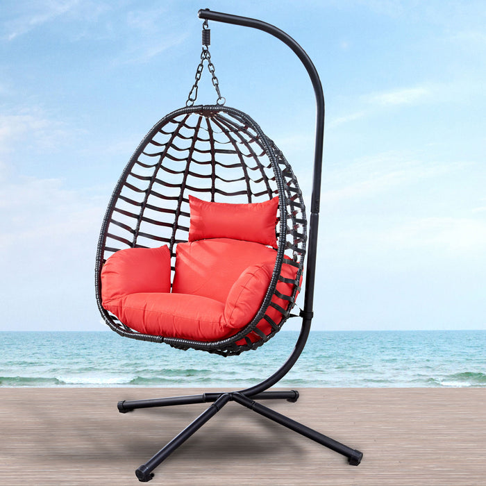 Outdoor Rattan Hanging Oval Egg Chair In Stock, 37"X35"Dx78"H (Red)