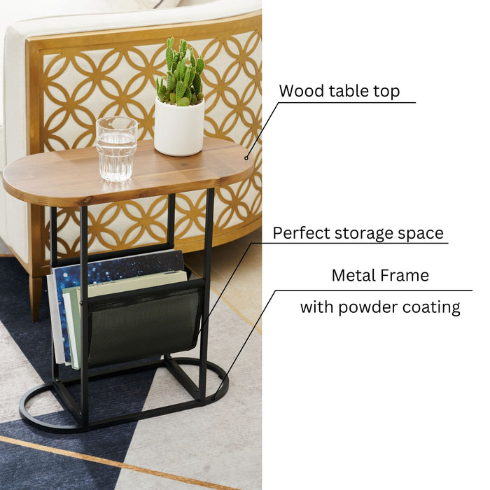 Acacia Wood Oval End Table With Power Coating Frame With Perfect Storage Space