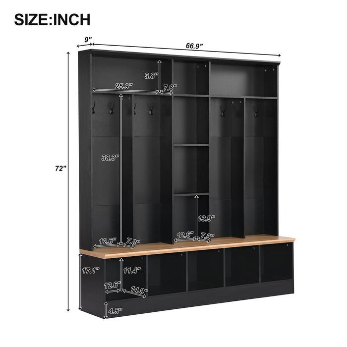 On-Trend Wide Design Hall Tree With Storage Bench, Minimalist Shoe Cabinet With Cube Storage & Shelves, Multifunctional Coat Rack With 8 Hooks For Entryways, Mudroom, Black
