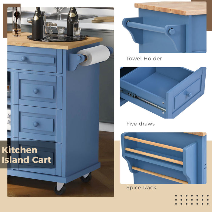 Kitchen Cart With Rubber Wood Desktop Rolling Mobile Kitchen Island With Storage And 5 Draws 53" Length (Blue)