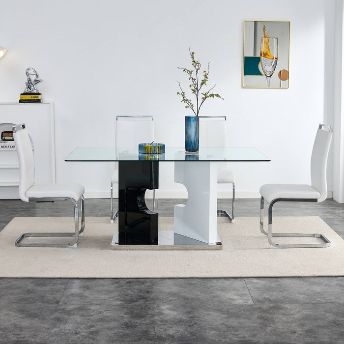 Large Modern Minimalist Rectangular Glass Dining Table For 6-8 With Tempered Glass Tabletop And Mdf Slab Special-Shaped Bracket, For Kitchen Dining Living Meeting Room Banquet Hall