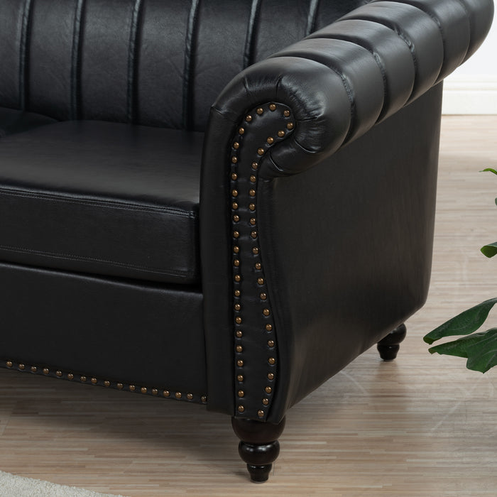 83.46'' Black PU Rolled Arm Chesterfield Three Seater Sofa
