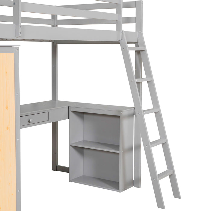 Twin Size Loft Bed With Ladder, Shelves, And Desk - Gray