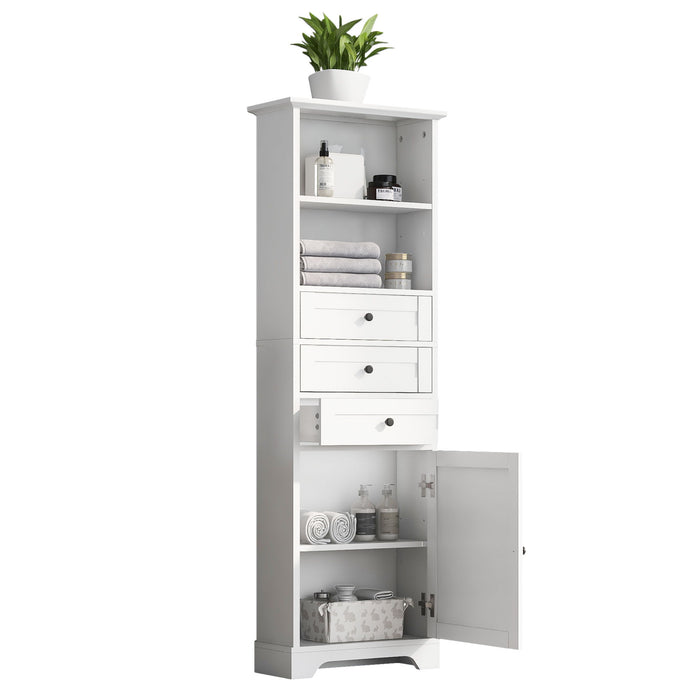 White Tall Storage Cabinet With 3 Drawers And Adjustable Shelves For Bathroom, Kitchen And Living Room, MDF Board With Painted Finish