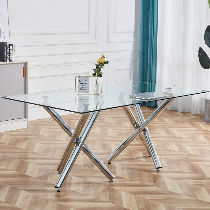 Large Modern Minimalist Rectangular Glass Dining Table For 6 - 8 With Tempered Glass Tabletop And Silver Chrome Metal Legs