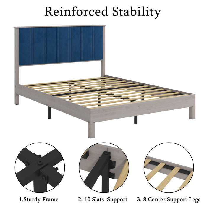 Full Bed Frame, Wood With Wood Headboard Bed Frame With Upholstered Headboard / Wood Foundation With Wood Slat Support / No Box Spring Needed / Easy Assembly