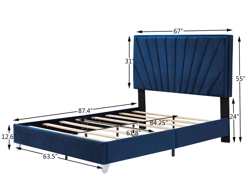 B108 Queen Bed With One Nightstand, Beautiful Line Stripe Cushion Headboard, Strong Wooden Slats And Metal Legs With Electroplate - Blue