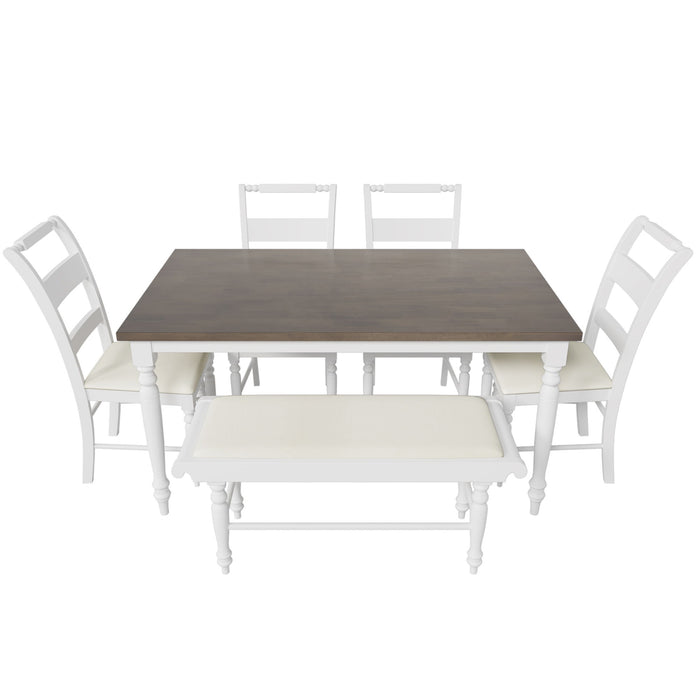 Topmax 6 - Peice Dining Set With Turned Legs, Kitchen Table Set With Upholstered Dining Chairs And Bench, Retro Style, White