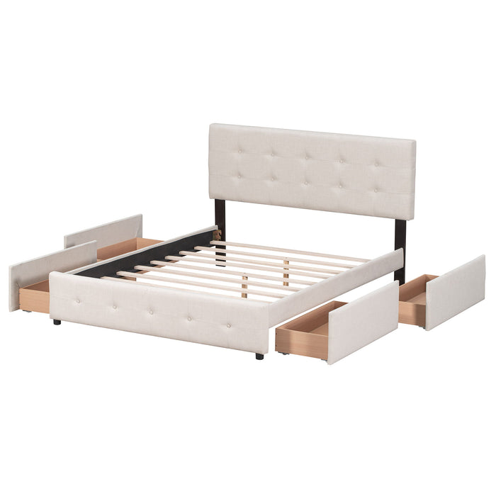 Upholstered Platform Bed With Classic Headboard And 4 Drawers, No Box Spring Needed, Linen Fabric, Queen Size Beige