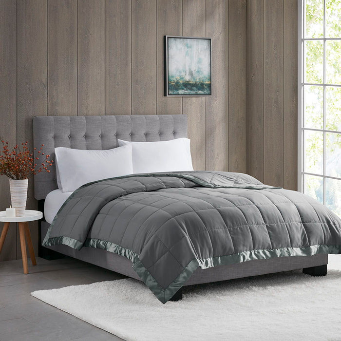 Lightweight Down Alternative Blanket With Satin Trim In Charcoal