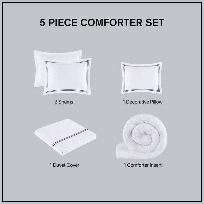 100% Cotton Sateen Embroidered Comforter Set - White / Navy