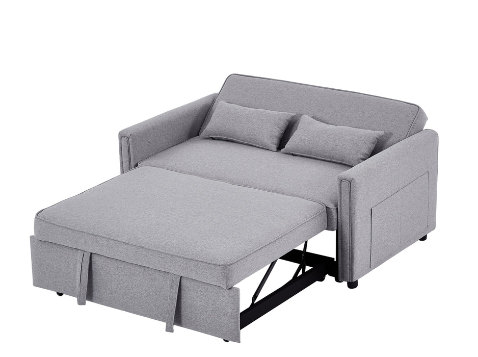 Modern Linen Convertible Loveseat Sleeper Sofa Couch With Adjustable Backrest, 2 Seater Sofa With Pull-Out Bed With 2 Lumbar Pillows For Small Living Room & Apartment - Grey