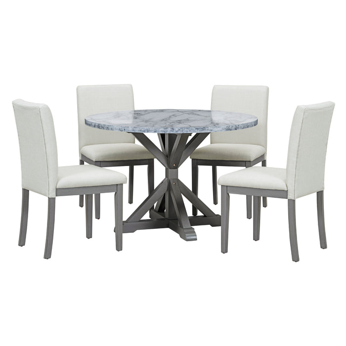 Trexm 5 Piece Farmhouse Style Dining Table Set, Marble Sticker And Cross Bracket Pedestal Dining Table, And 4 Upholstered Chairs (White / Gray)