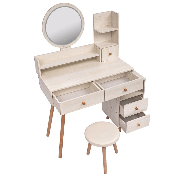 Crazy Elf Stylish Vanity Table + Cushioned Stool, Touch Control Led Mirror, Large Capacity Storage Cabinet, 5 Drawers, Fashionable Makeup Furniture, Length Adjustable (L31.5"-43.2"X W15.8" X H48.1")