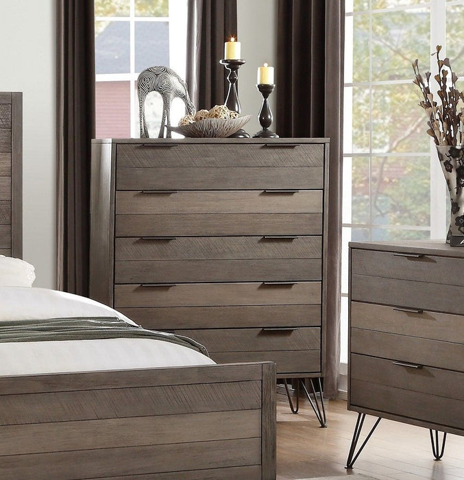 Contemporary Three Tone Gray Finish Chest Of Drawers Perched Atop Metal Legs Acacia Veneer Modern Bedroom Furniture