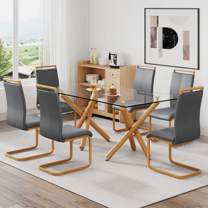 1 Table And 6 Chairs Glass Dining Table With Tempered Glass Tabletop And Wooden Metal Legs Grey PU Leather High Backrest Soft Padded Side Chair With Wooden Color C Shaped Tube Chrome Metal Leg