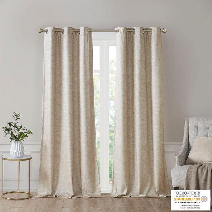 Tonal Printed Faux Silk Total Blackout Curtain Panel Pair In Taupe