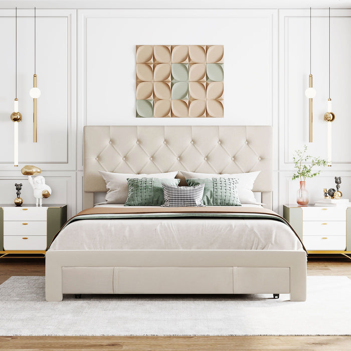 Queen Size Storage Bed Velvet Upholstered Platform Bed With A Big Drawer Beige