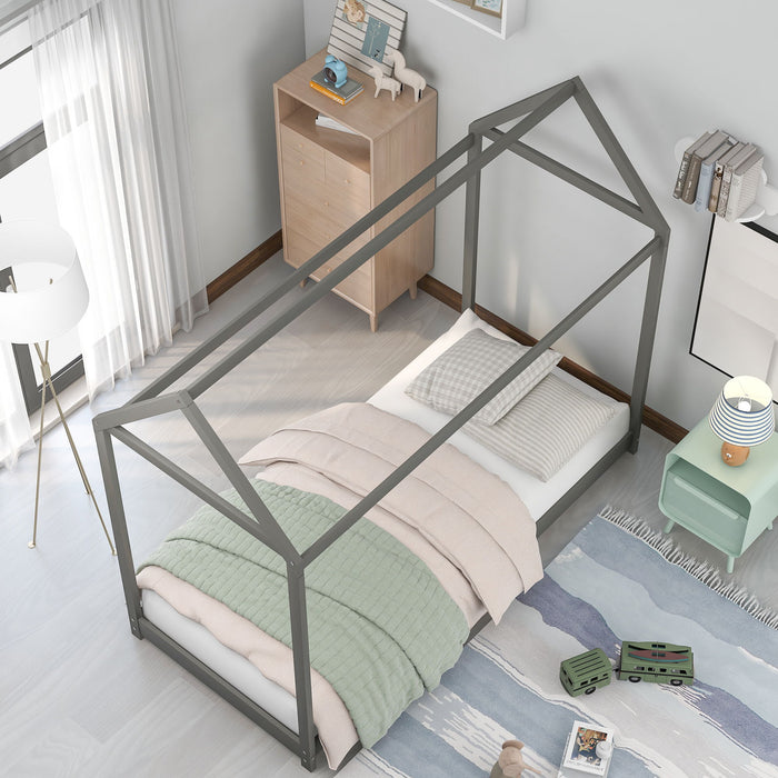 Twin Size Wooden House Bed - Gray