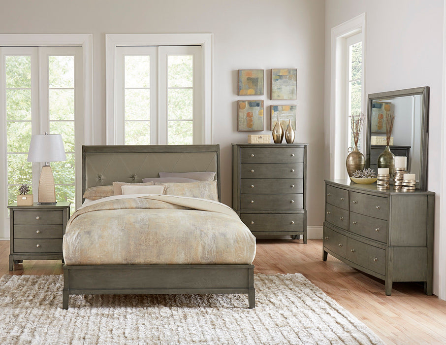 Transitional Style Gray Finish 1 Piece Queen Size Sleigh Bed Button - Tufted Faux Leather Upholstered Headboard Bedframe
