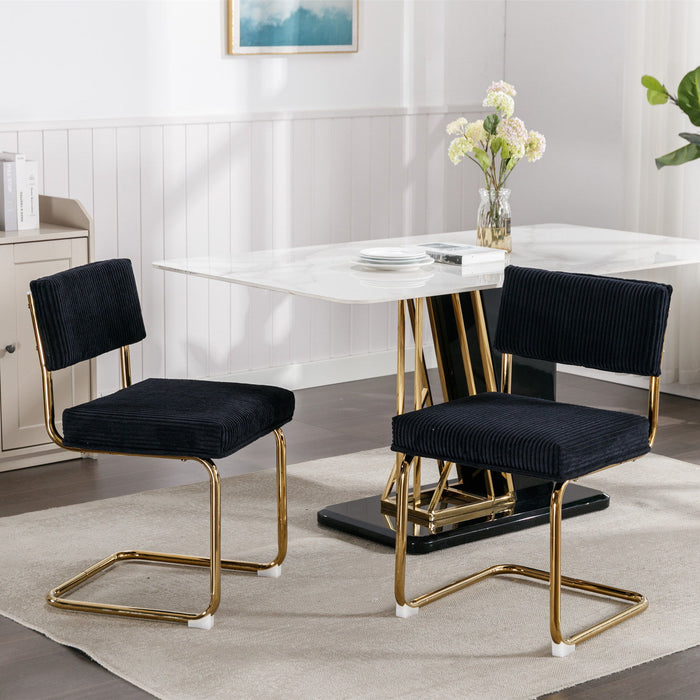 A&A Furniture, Modern Dining Chairs With Corduroy Fabric, Gold Metal Base, Accent Armless Kitchen Chairs With Channel Tufting, Side Chairs (Set of 2) Black