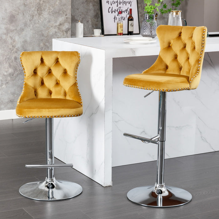 A&A Furniture, Swivel Barstools Adjusatble Seat Height From, Modern Upholstered Chrome Base Bar Stools With Backs Comfortable Tufted For Home Pub And Kitchen Island (Set of 2) - Gold