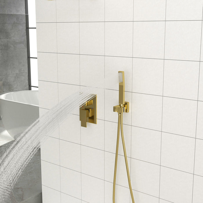 Dual Shower Head - 12" Wall Mounted Square Shower System With Rough-In Valve, Gold