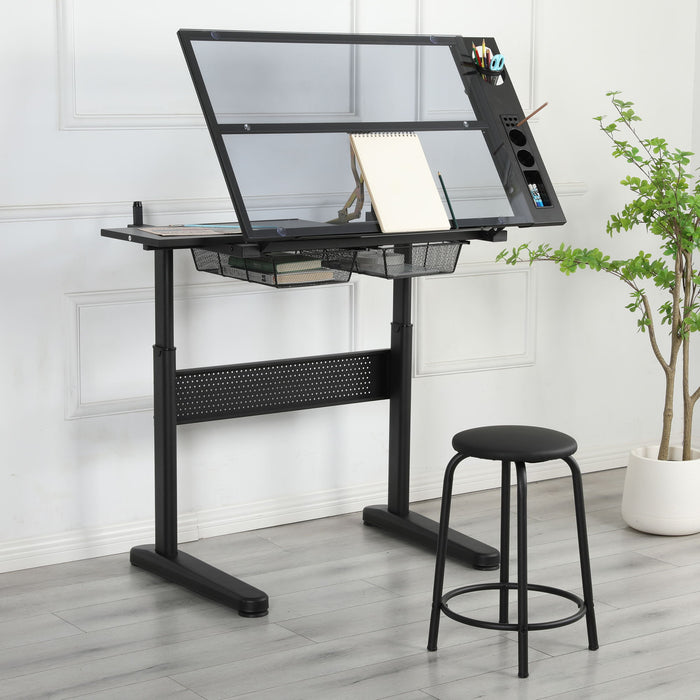 Hand Crank Adjustable Drafting Table Drawing Desk With 2 Metal Drawers (Black)With Stool