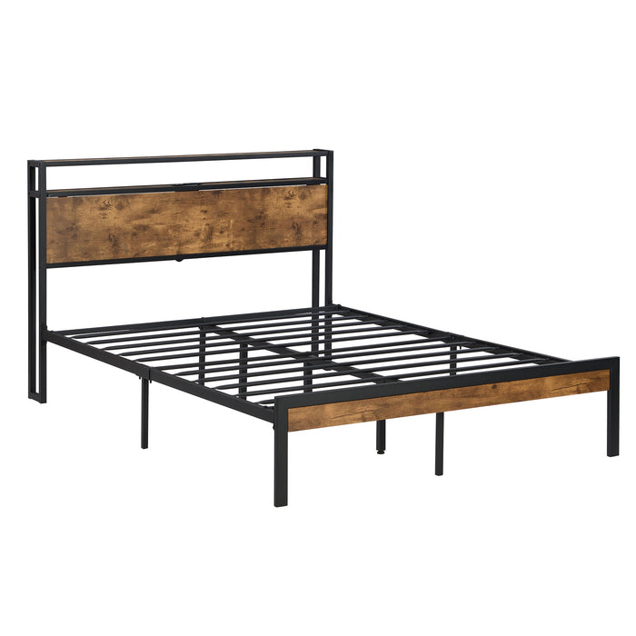 Queen Size Metal Platform Bed Frame With Wooden Headboard And Footboard With USB Liner, No Box Spring Needed