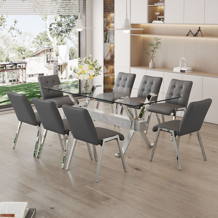 Table And Chair Set, 1 Table And 8 Grey Chairs, Tempered Glass Desktop, Equipped With Silver Plated Metal Legs And MDF Crossbars, Paired With Armless Soft Backrest Dining Chairs