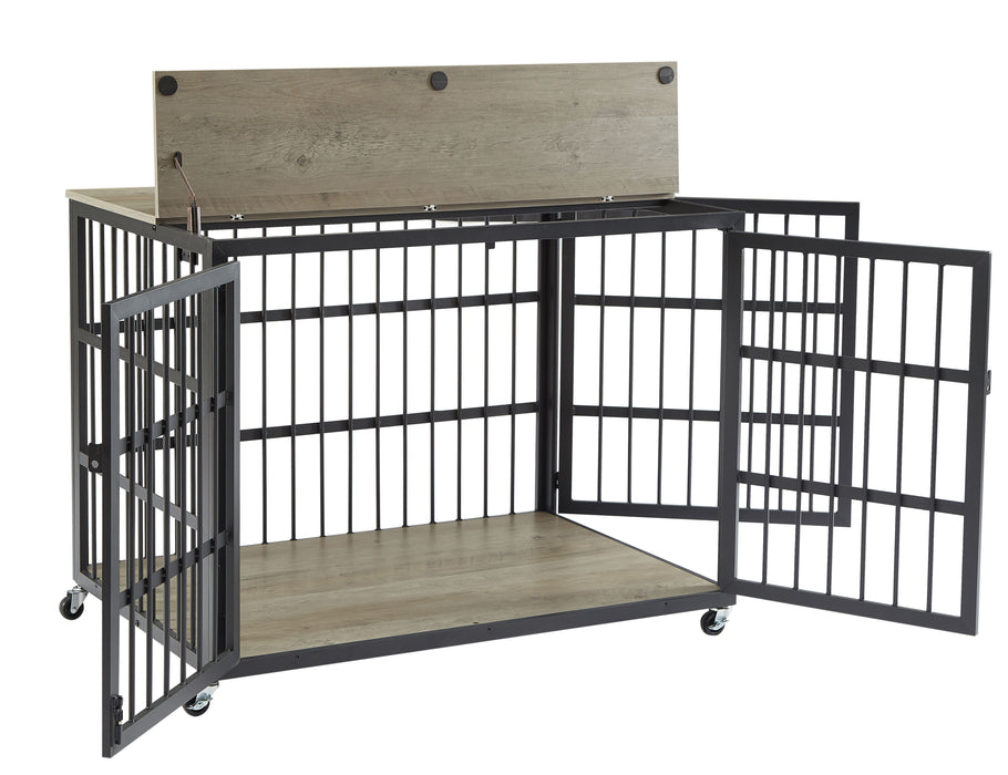 Furniture Style Dog Crate Wrought Iron Frame Door With Side Openings, Grey