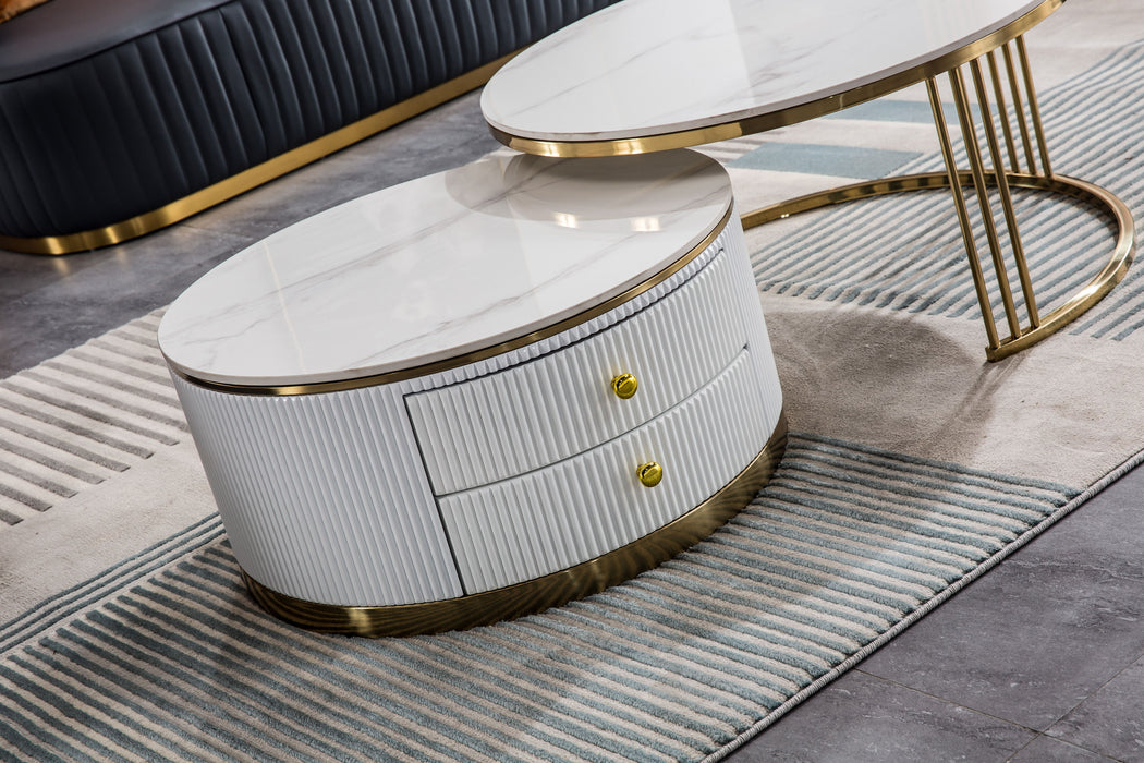 Modern Nesting MDF Coffee Table (Set of 2), Round White End Table, Sintered Stone Appearance With Gold Finish Metal Base