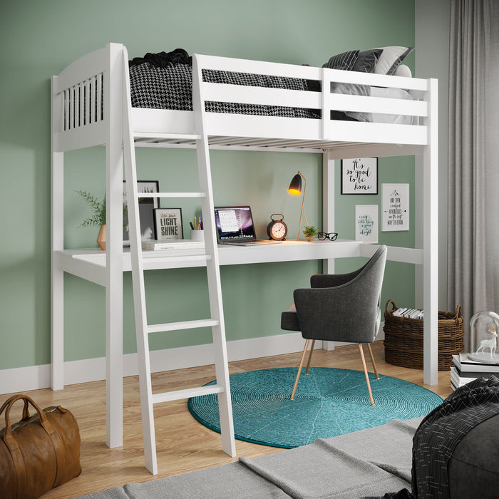 Yes4Wood Everest White High Loft Bed With Desk And Storage, Space Saver Twin Size Kids Loft Bed With Stairs For Toddlers Assembled In Sturdy Solid Wood, No Box Spring Needed