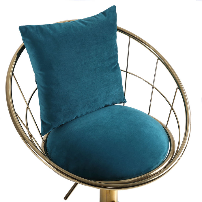 Peacock Blue Velvet Bar Chair, Pure Gold Plated, Unique Design, 360 Degree Rotation, Adjustable Height, suitable For Dinning Room And Bar, (Set of 2)