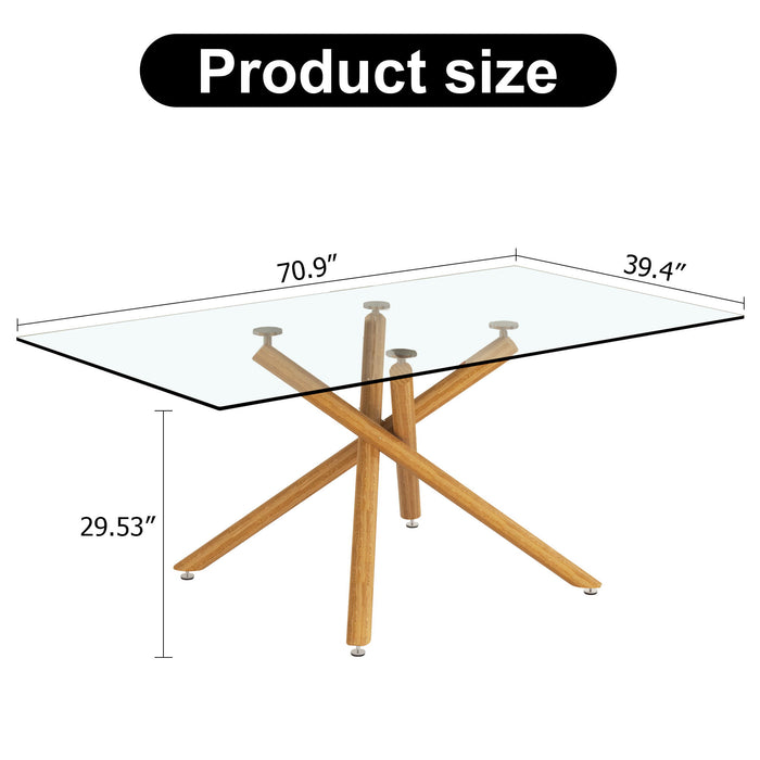 Large Modern Minimalist Rectangular Glass Dining Table For 6-8 With Tempered Glass Tabletop And Wood Color Metal Legs, For Kitchen Dining Living Meeting Room Banquet Hall