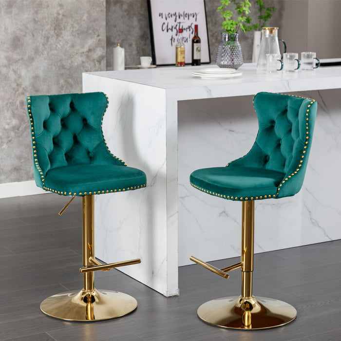A&A Furniture, Golden Swivel Barstools Adjusatble Seat Height From, Modern Upholstered Bar Stools With Backs Comfortable Tufted For Home Pub And Kitchen Island (Set of 2) - Green