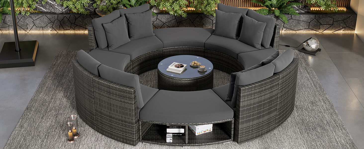 9 Piece Outdoor Patio Furniture Luxury Circular Outdoor Sofa Set Rattan Wicker Sectional Sofa Lounge Set With Tempered Glass Coffee Table, 6 Pillows, Grey