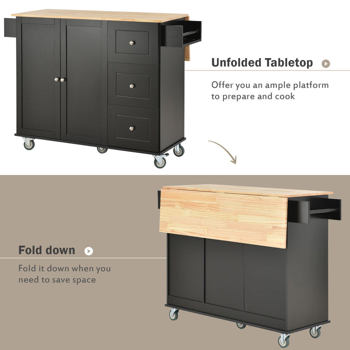 Rolling Mobile Kitchen Island With Solid Wood Top And Locking Wheels, 52. 7 Inch Width, Storage Cabinet And Drop Leaf Breakfast Bar, Spice Rack, Towel Rack & Drawer (Black)