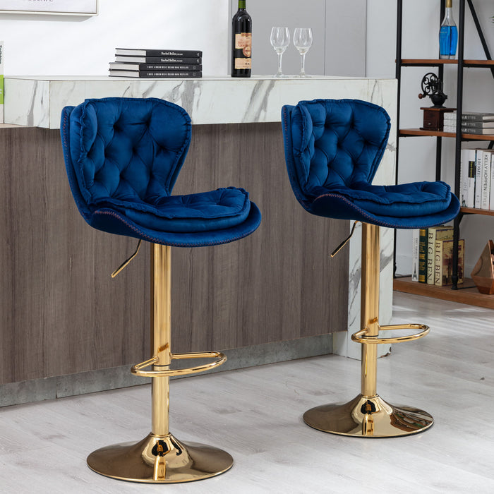 (Set of 2) Bar Stools, With Chrome Footrest And Base Swivel Height Adjustable Mechanical Lifting Velvet And Golden Leg Simple Bar Stool - Dark Blue