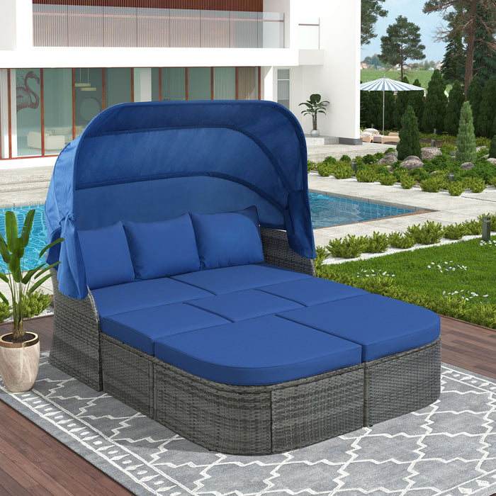 U_Style Outdoor Patio Furniture Set Daybed Sunbed With Retractable Canopy Conversation Set Wicker Furniture - Blue