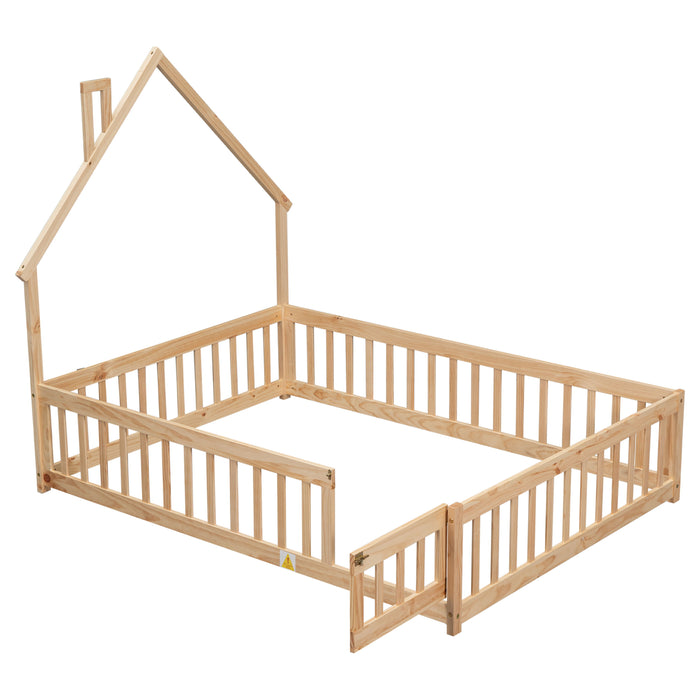 Full House - Shaped Headboard Floor Bed With Fence, Natural