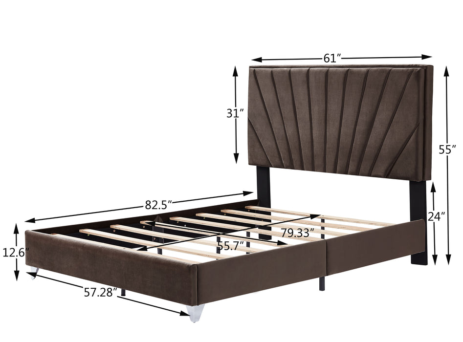 B108 Full Bed Beautiful Line Stripe Cushion Headboard, Strong Wooden Slats And Metal Legs With Electroplate - Brown