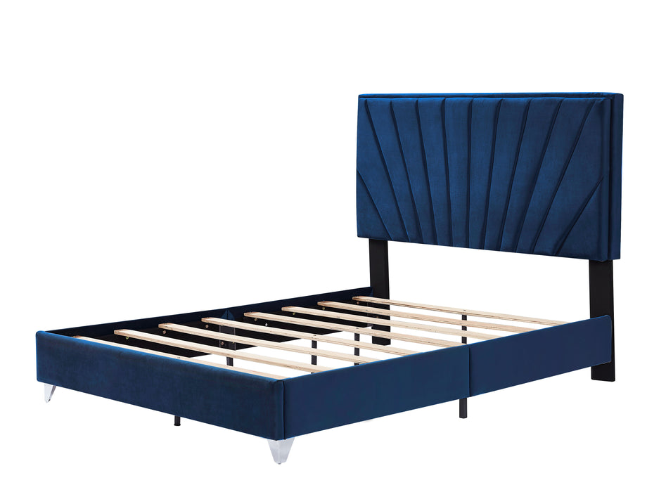 B108 Queen Bed With One Nightstand, Beautiful Line Stripe Cushion Headboard, Strong Wooden Slats And Metal Legs With Electroplate - Blue