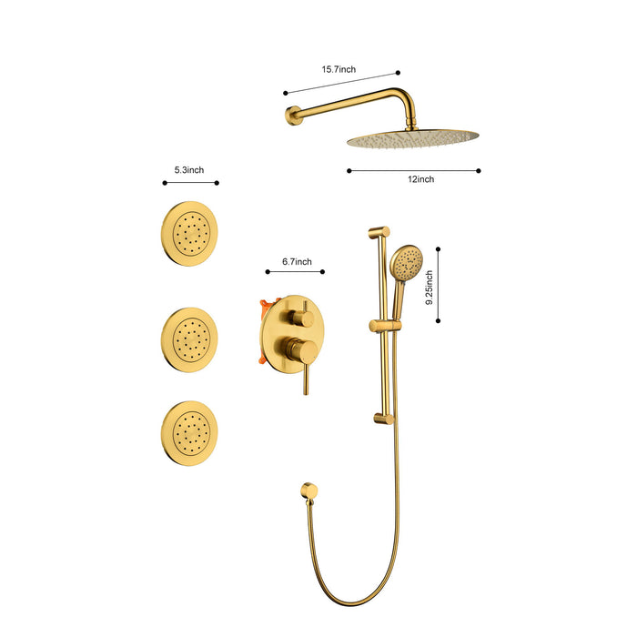 Shower System With Shower Head, Hand Shower, Slide Bar, Bodysprays, Shower Arm, Hose, Valve Trim, And Lever Handles - Gold